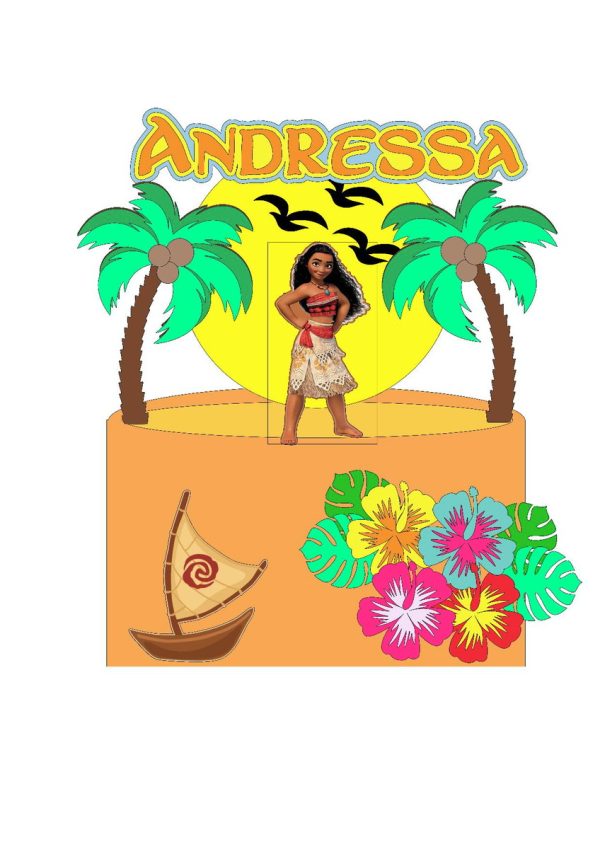Arquivo de Corte Topo de Bolo Moana com Flores Tropicais