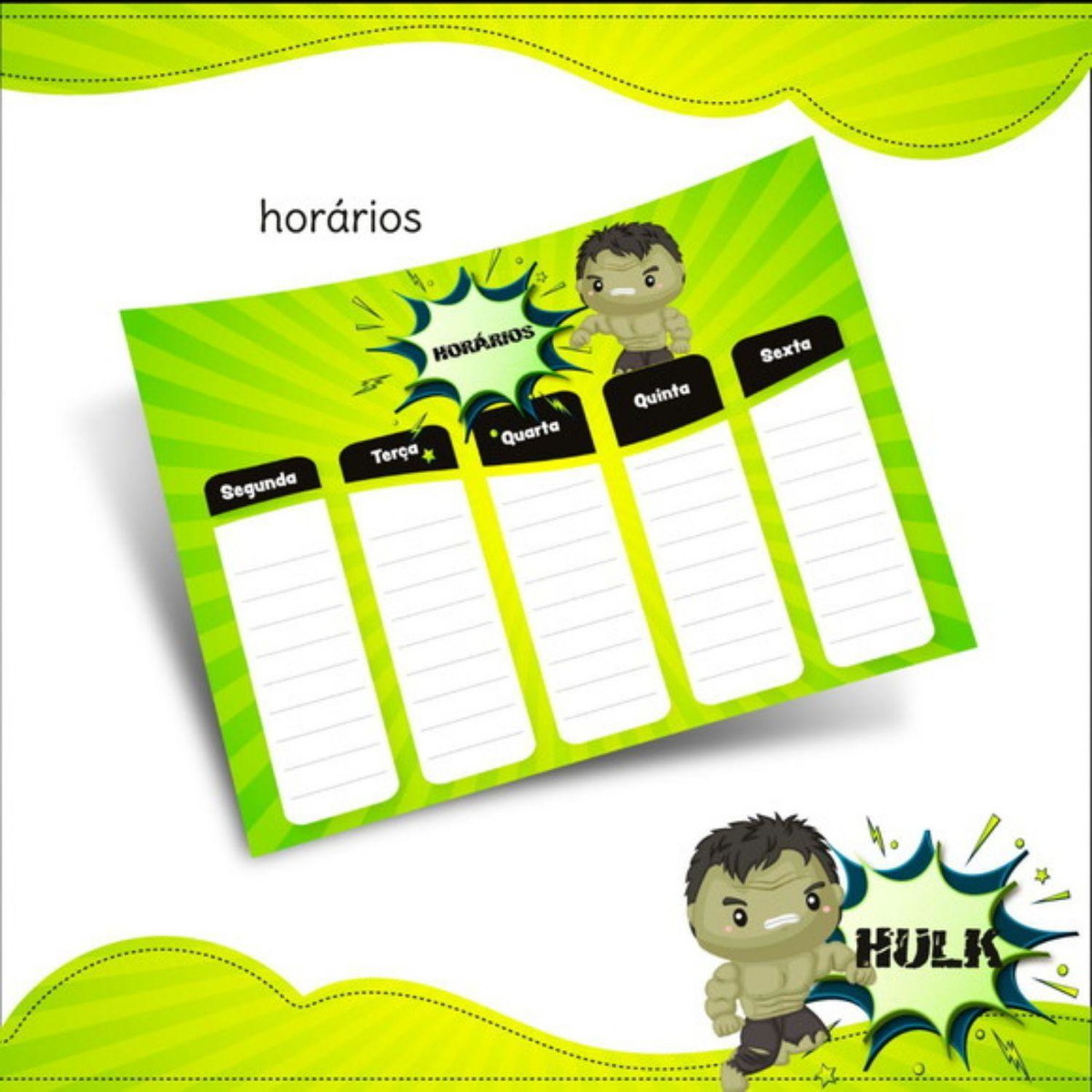 Arquivo Prancheta Horários Escolar Homem de Hulk PDF PNG