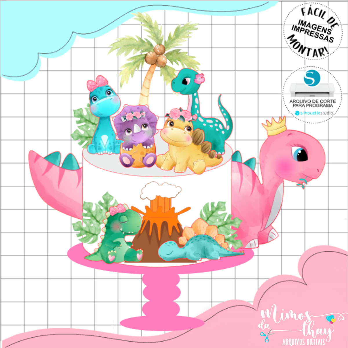 Arquivo Corte: Topo de Bolo Dinossauro Menina 021