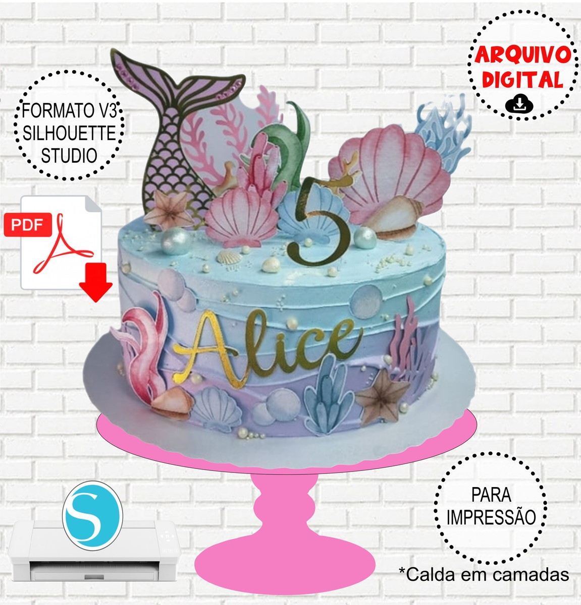 Arquivo de Corte Topo Bolo Sereia Aquarela Studio e Pdf#346