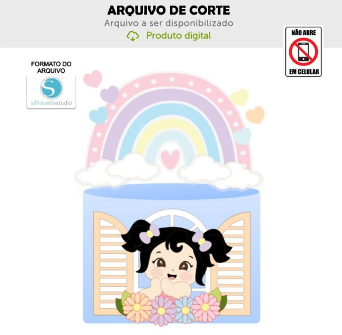 Arquivo de Corte Topo de Bolo Menina Janela - Arco Iris