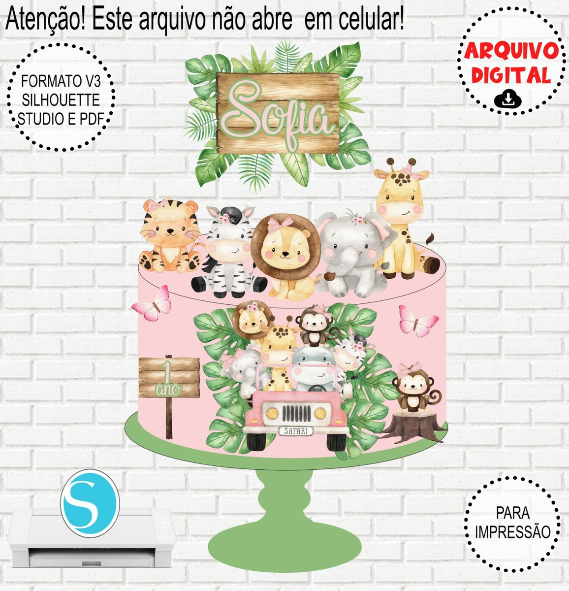 Arquivo de Corte Topo de Bolo Safari Aquarela Menina #862