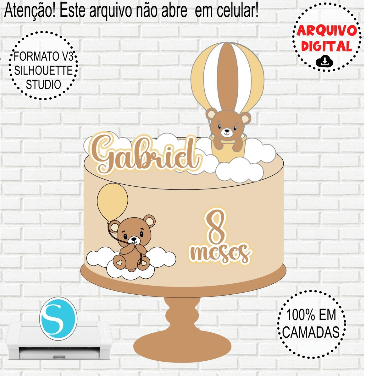 Arquivo De Corte Topo De Bolo Ursinho Balão Em Camadas 846 Topo De