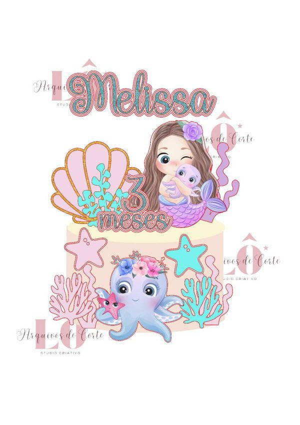 Arquivo Topo de Bolo Sereia Aquarela Cute