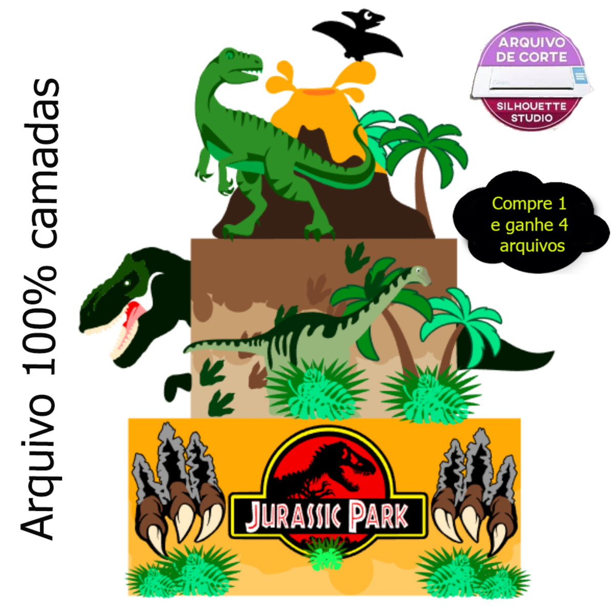 G786 - Topo de Bolo Dinossauro Jurassic Park em Camadas