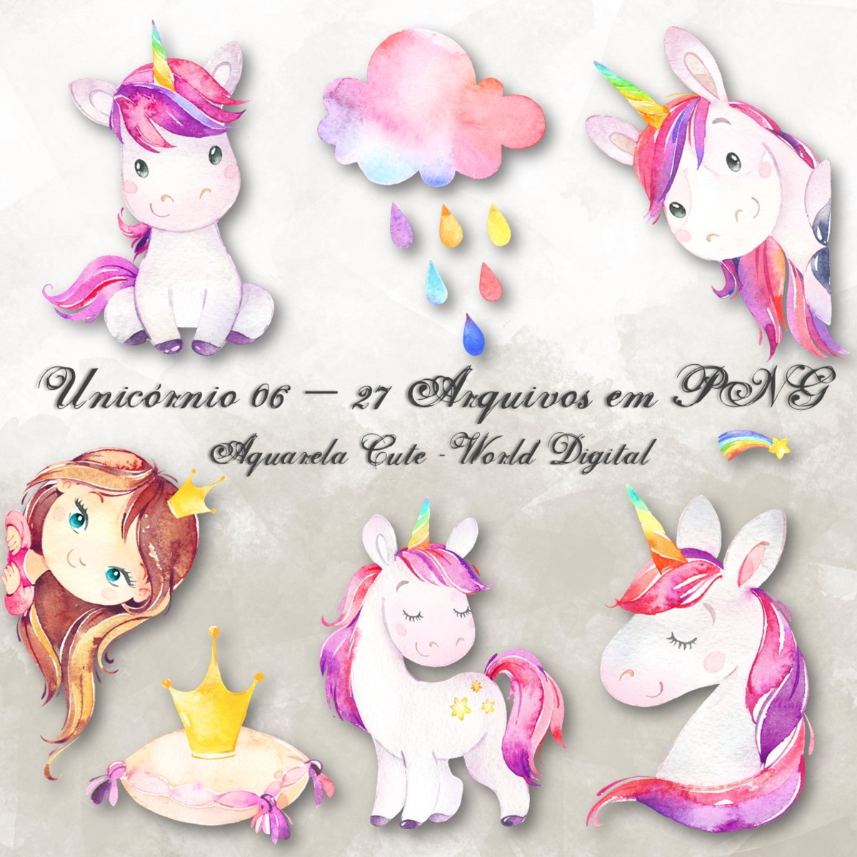 Kit Arquivo Digital em PNG Aquarela Cute Unicórnio 06 - Imagem 2
