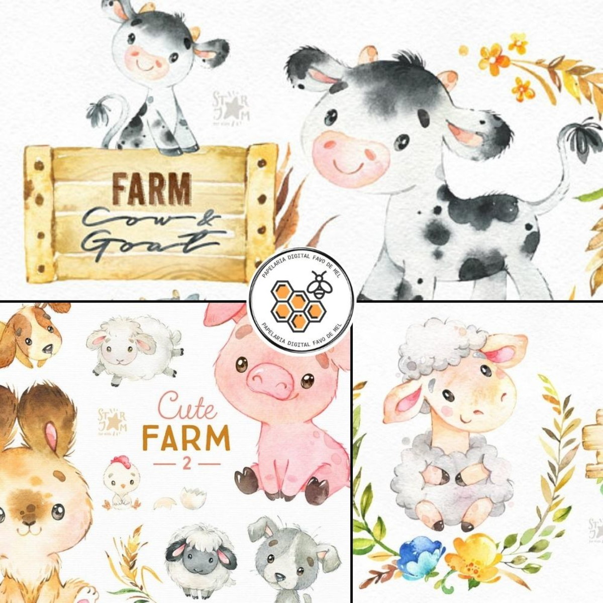 Combo Digital Animais da Fazenda Aquarela - 6 Kits Digitais - Imagem 3