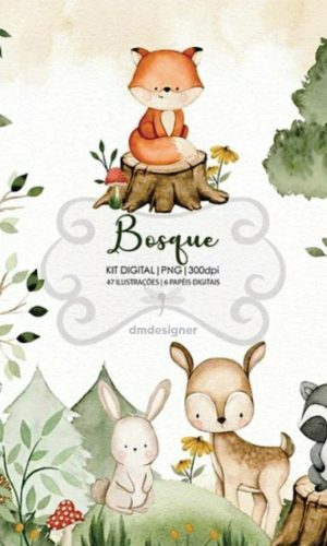 Kit Digital Bosque Encantado Animais Safari Aquarela