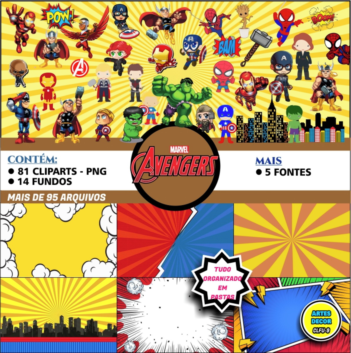 Kit Digital Cliparts e Fundos Temáticos Vingadores Cute