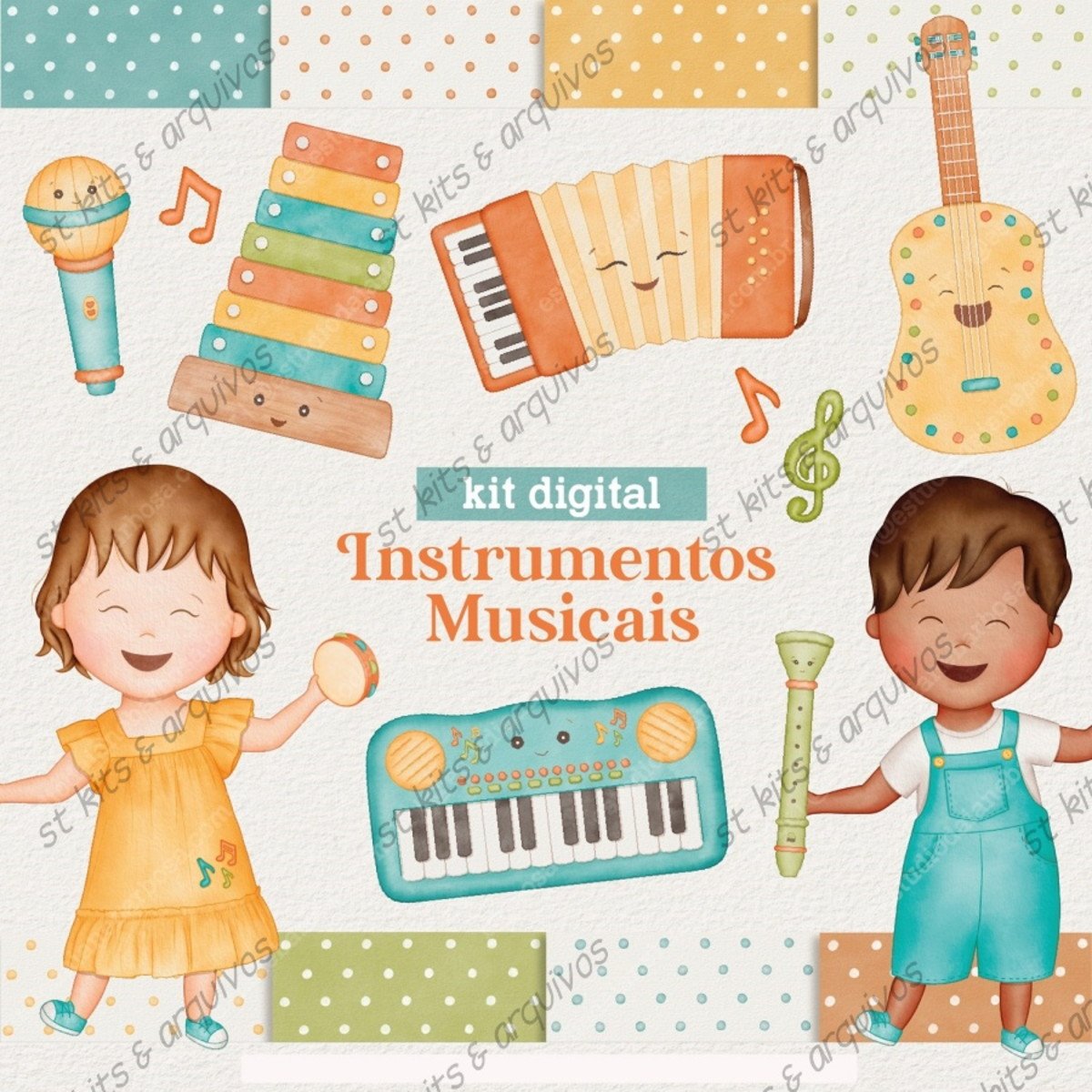 Kit Digital Instrumentos Musicais Em Aquarela