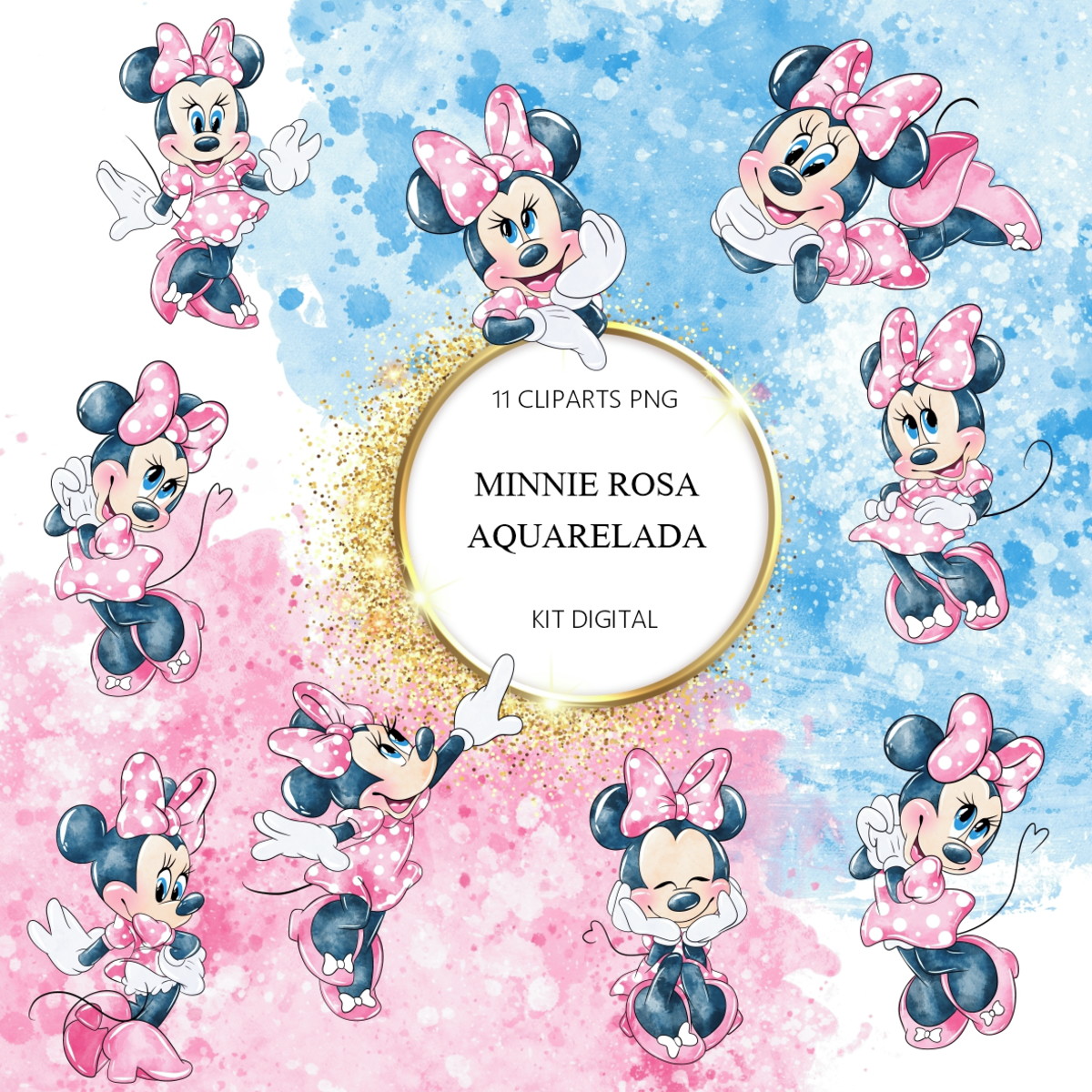 Kit Digital Minnie Mouse Rosa Aquarela