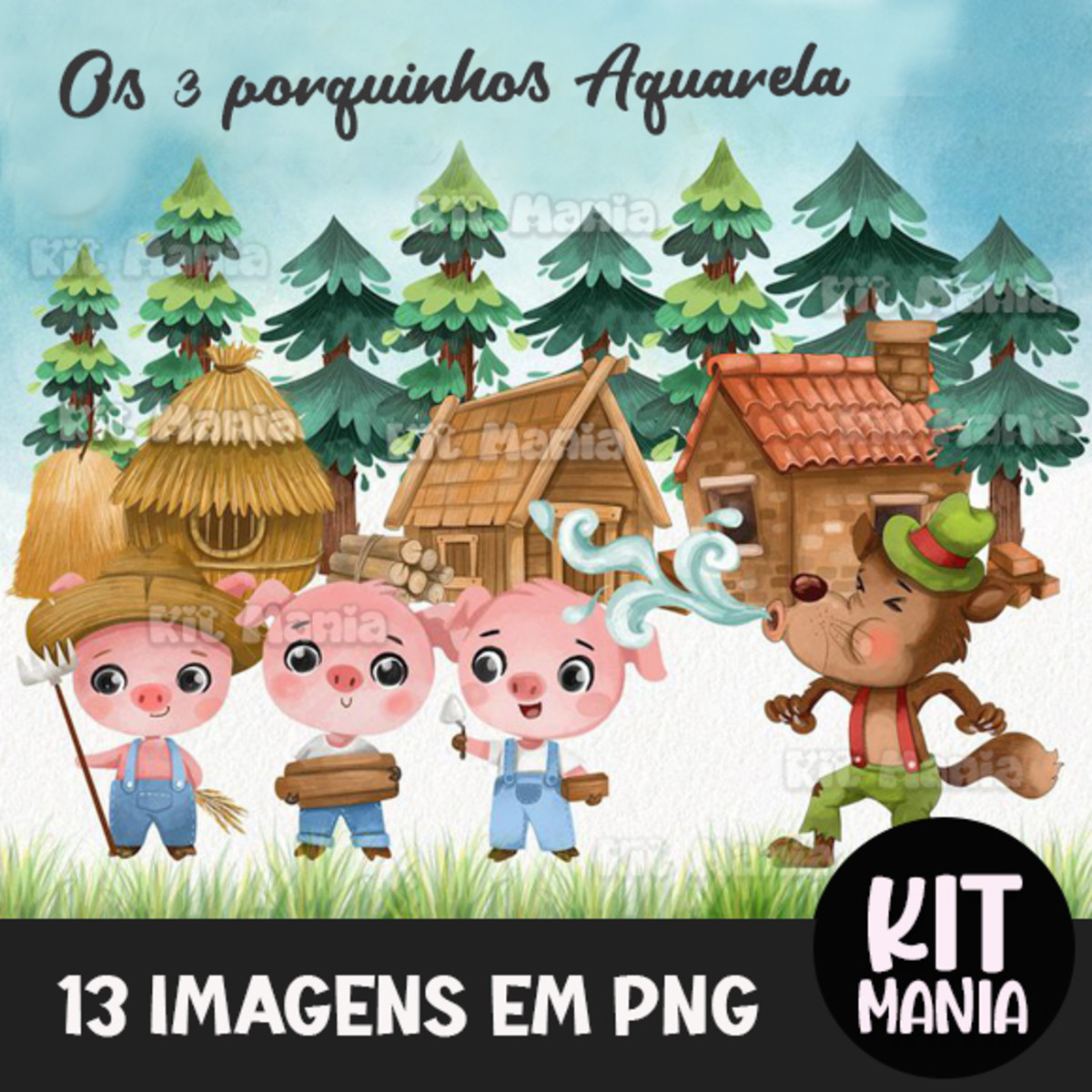 Kit Digital os Três Porquinhos Aquarela