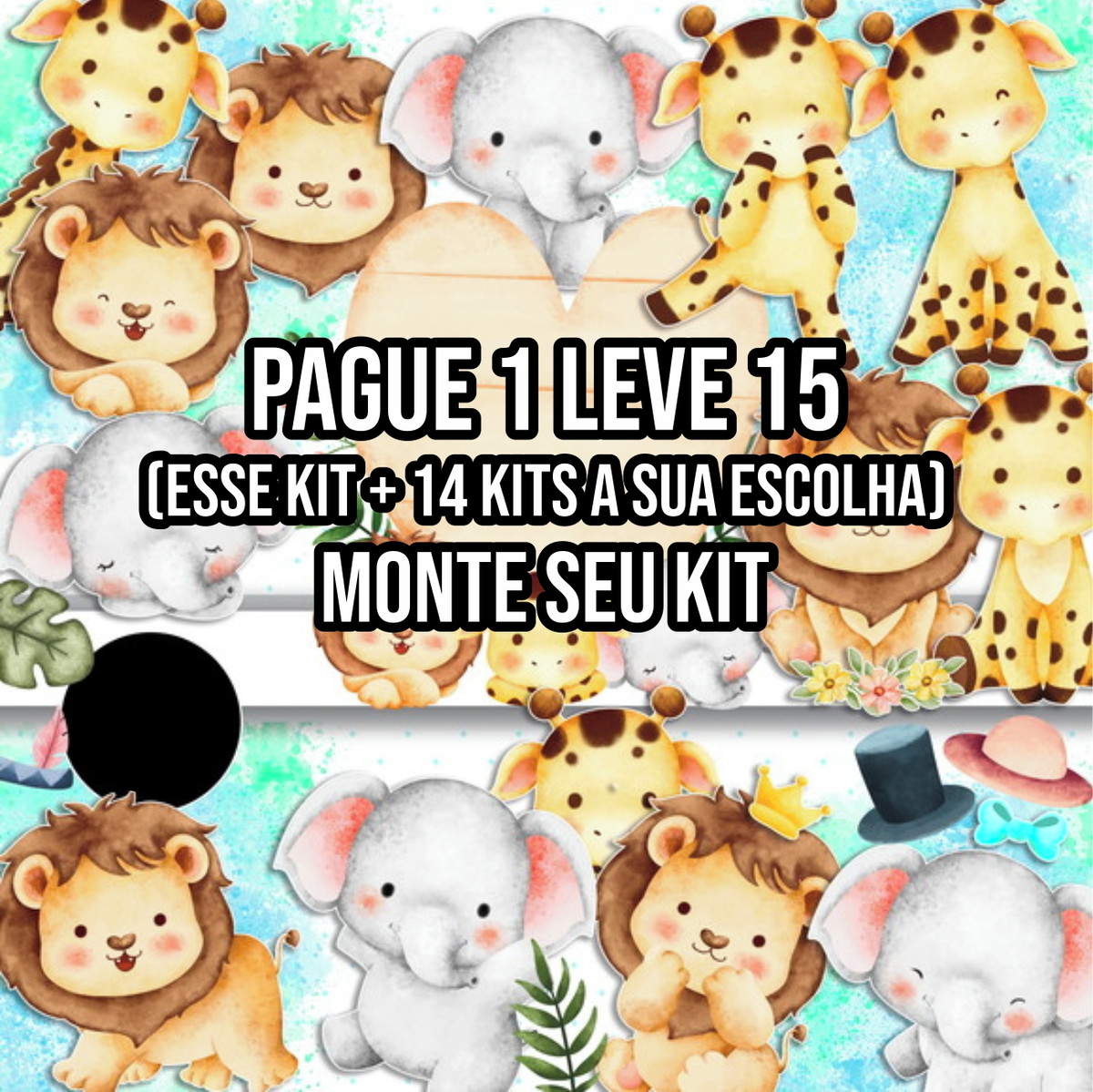 Kit Digital Safari Aquarela 2 Png+14 Arquivos - Topo de Bolo Para Imprimir
