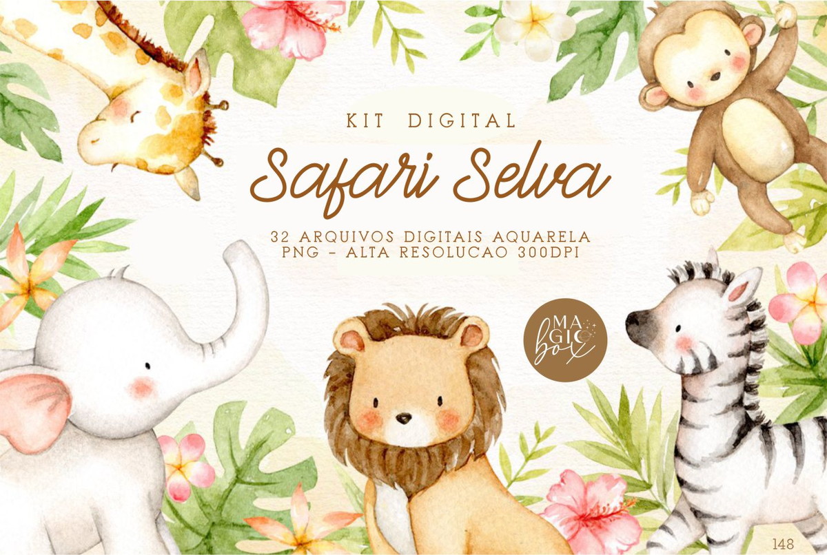 Kit Digital Safari Baby Aquarela 32 Arquivos PNG - Cód.148