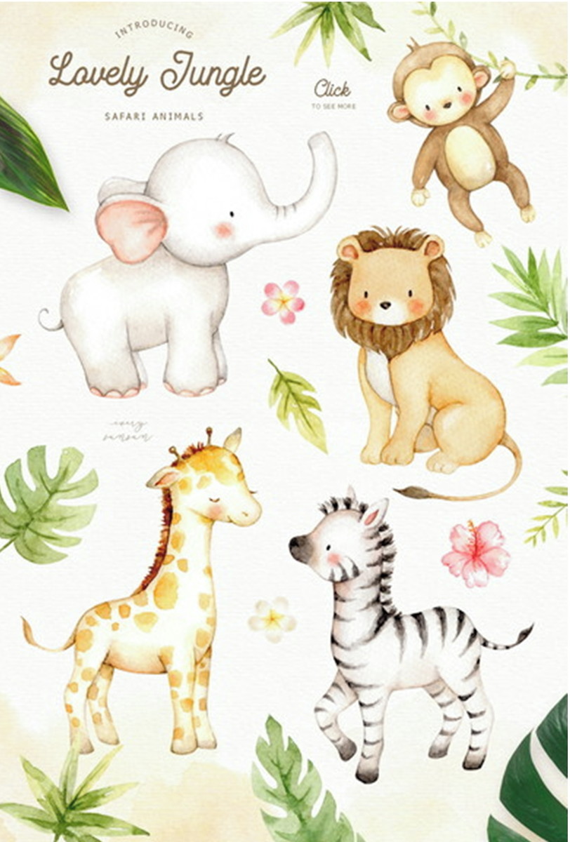 Kit Digital Safari Baby Aquarela 32 Arquivos PNG - Cód.148 - Imagem 3