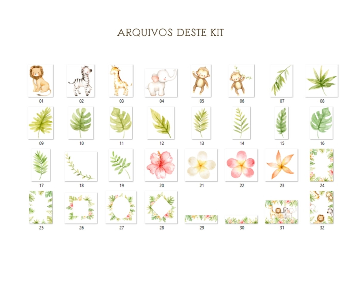 Kit Digital Safari Baby Aquarela 32 Arquivos PNG - Cód.148 - Imagem 2