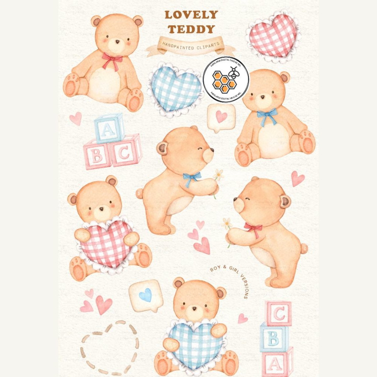 Kit Digital Ursinho Aquarela Premium - Lovely Teddy - Imagem 2