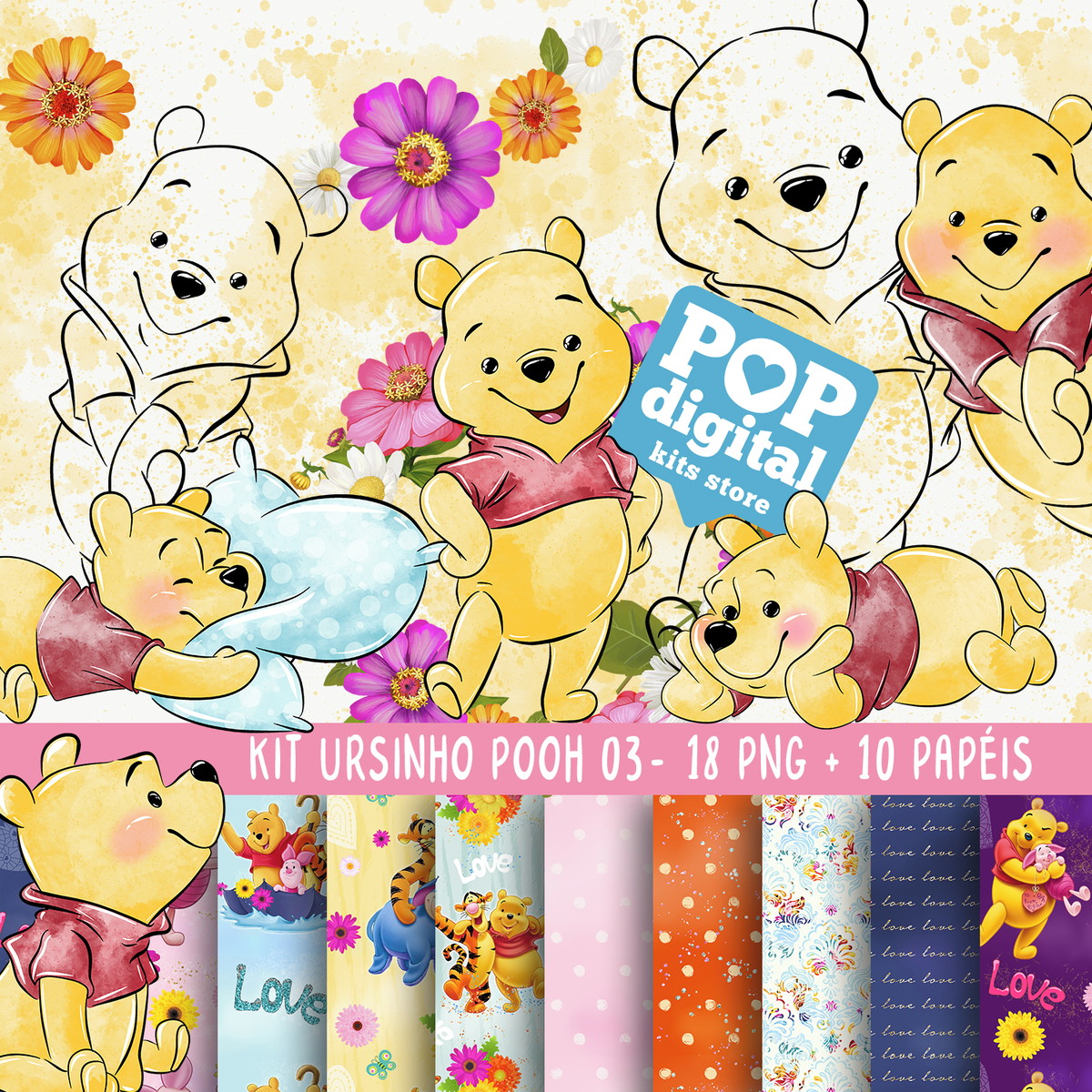 Kit Digital Ursinho Pooh 03 Aquarela - Topo de Bolo Para Imprimir