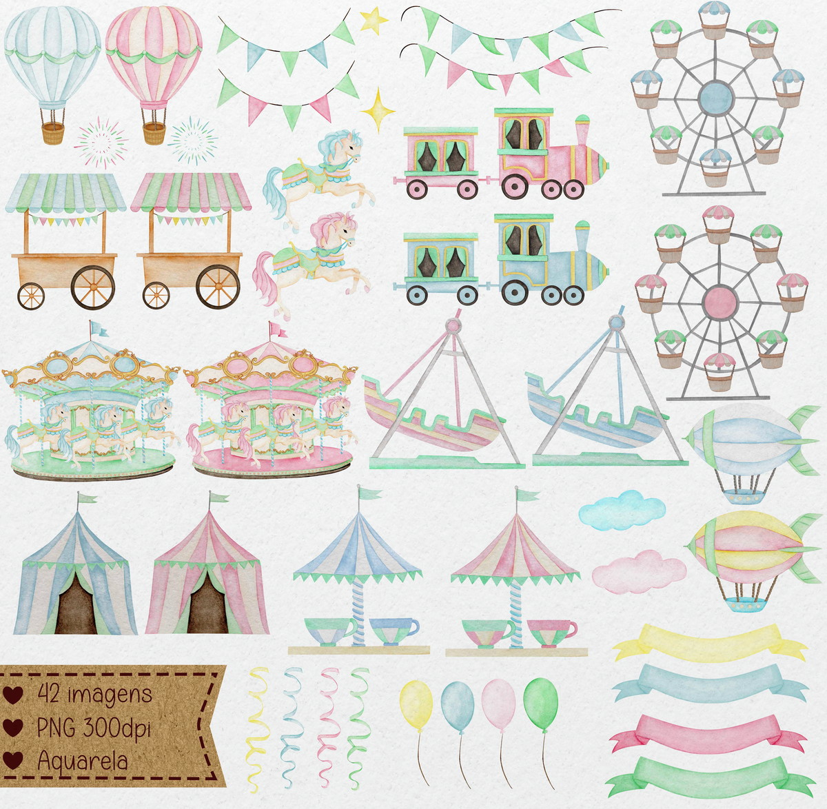 Kit Papel Digital Parque de Diversões Aquarela Feito a Mão - Imagem 2