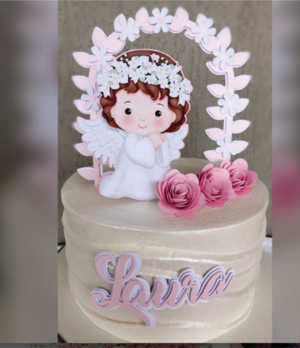 Topo de Bolo Batismo Rosa Menina Arquivo de Corte