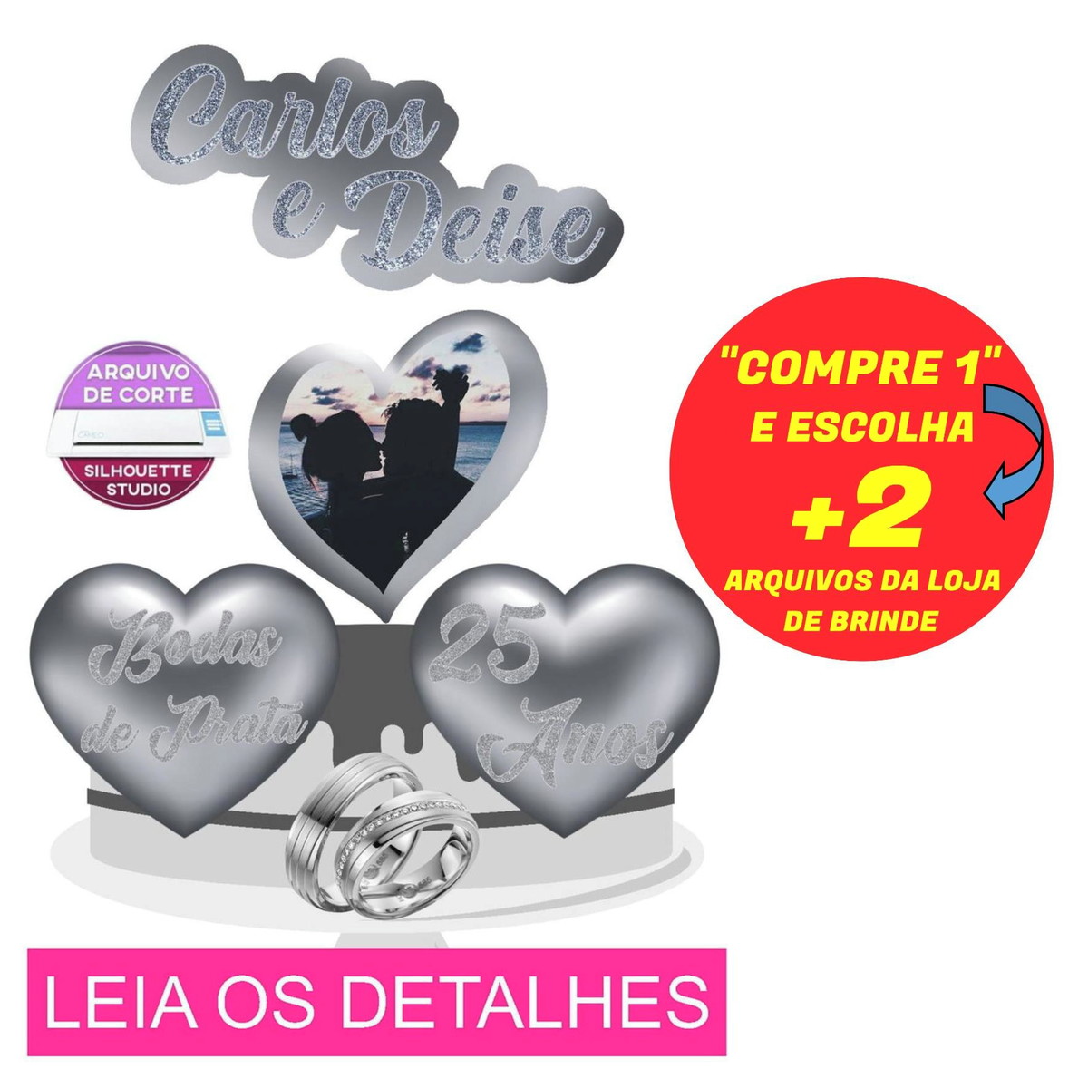 Topo de Bolo Bodas de Prata (Máquina Silhouette)