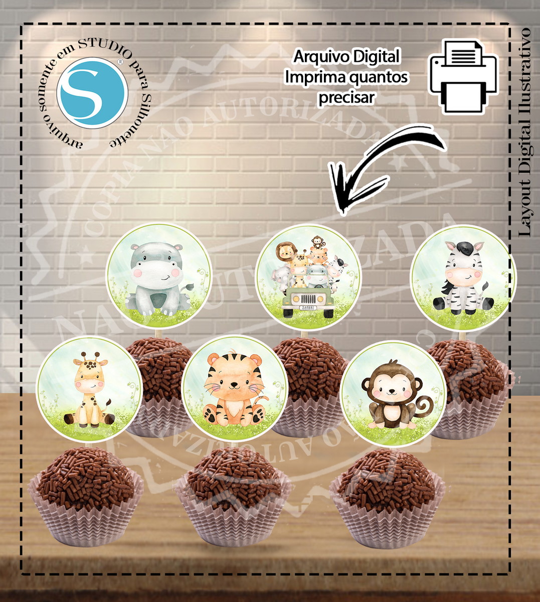 KIT TOPPERS SAFARI AQUARELADO - ARQUIVO DIGITAL - Imagem 2
