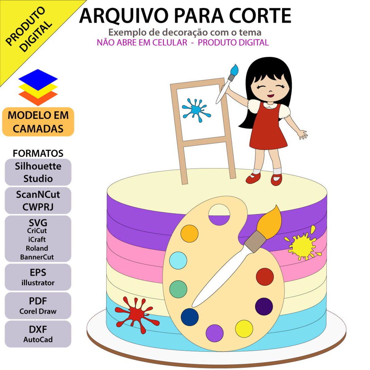 Arquivo Topo de Bolo Menina Pintora +1 Arquivo da Loja