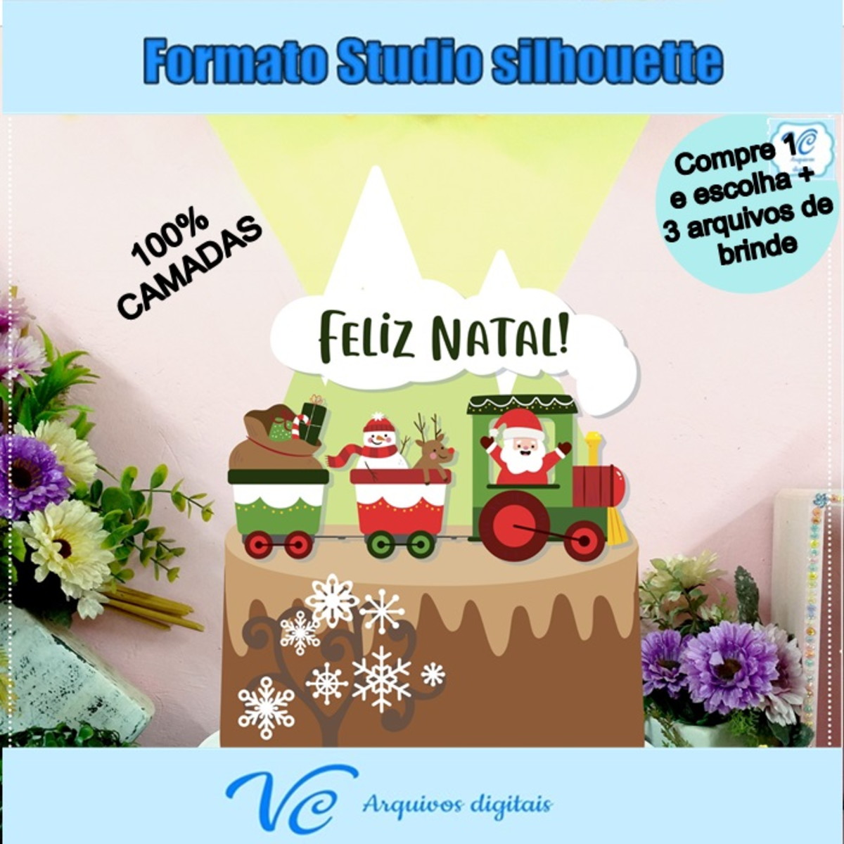 M125- Arquivo Topo de bolo Trenzinho Papai Noel -NATAL