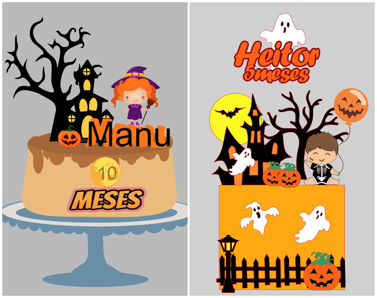 Topo de Bolo Camadas Halloween Menino e Menina 2 Arquivos