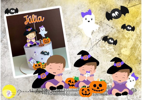 Topo de Bolo Halloween Menina Bruxinha + Fantaspet - Imagem 2