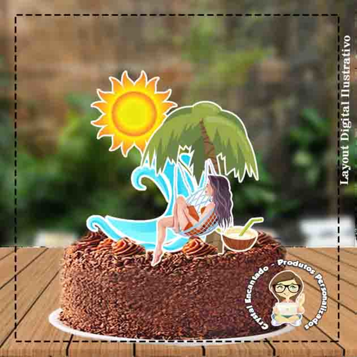 Topo de Bolo Mulher Rede Praia - Ref 1647 - Arquivo Digital