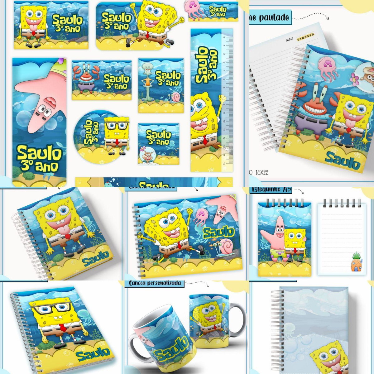Arquivo Corte Kit Escolar Completo Tema Bob Esponja #16889