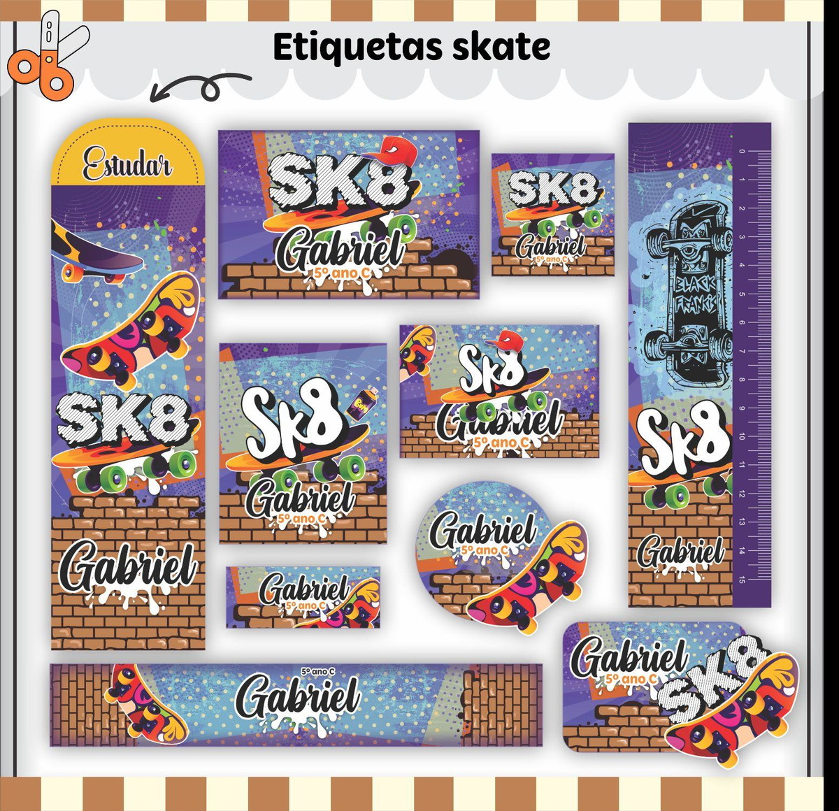 Arquivo de Corte Etiqueta Escolar Tema Skate 2023 #15640