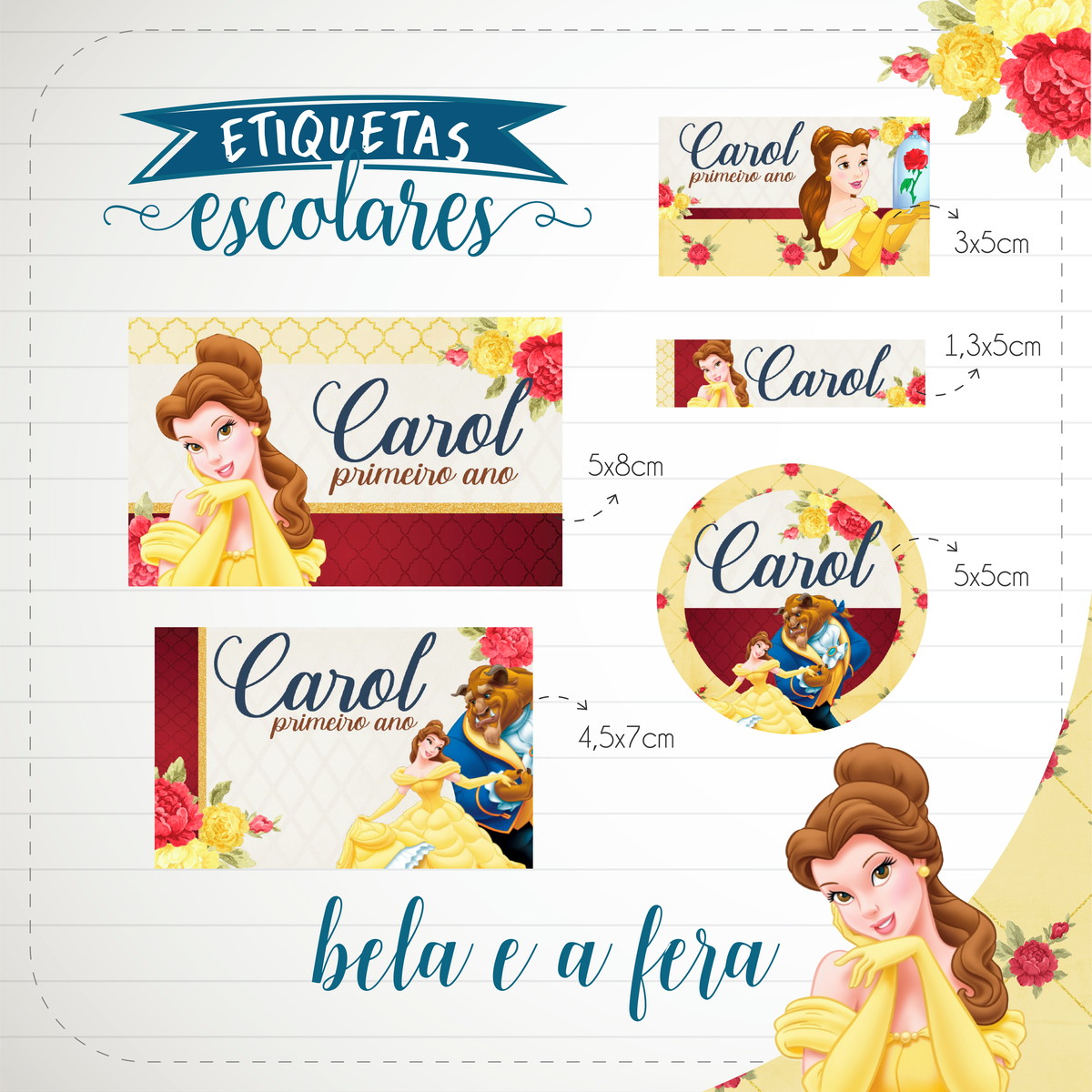 Arquivo Digital Etiqueta Escolar a Bela e a Fera