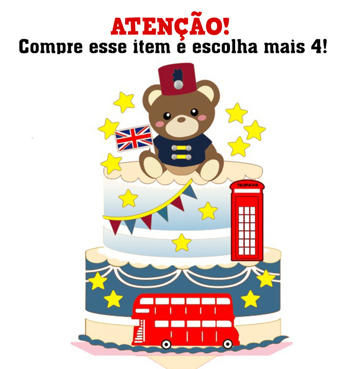 Kit c/ 5: Arquivo De Corte Topo De Bolo Ursinho Londres - Imagem 2